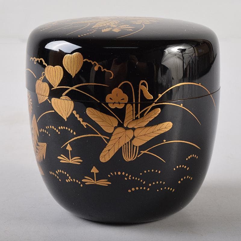 茶道具 前端春斎造 春草蒔絵 内銀溜 黒棗 建仁寺竹田益州極め箱 D