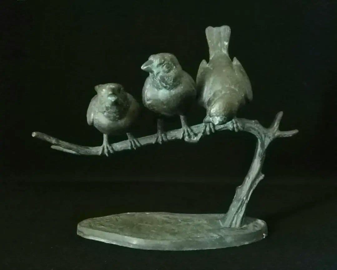 超レア逸品 枝に止まった3羽のスズメ ブロンズ W.ROBRA作 アール