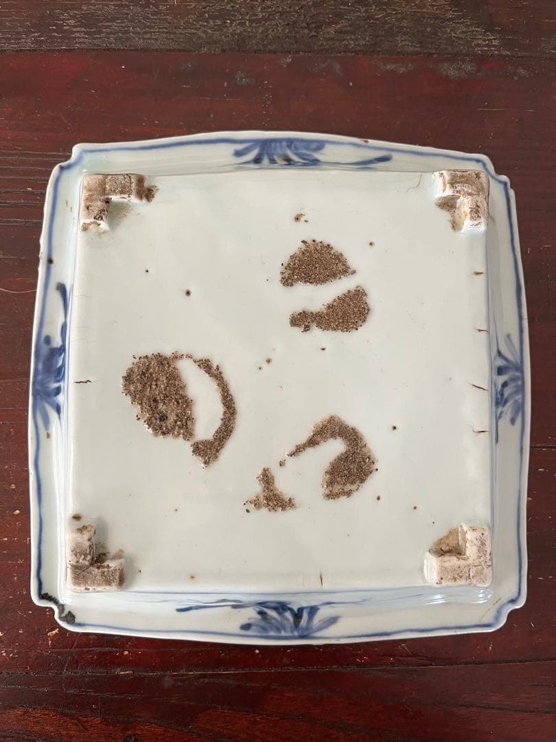 希少無傷　中国美術　明　天啓古染付　牛車に翁　紗綾紋　隅切角皿　古伊万里　清朝期