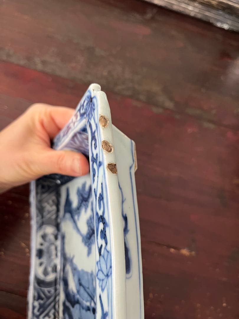 希少無傷　中国美術　明　天啓古染付　牛車に翁　紗綾紋　隅切角皿　古伊万里　清朝期