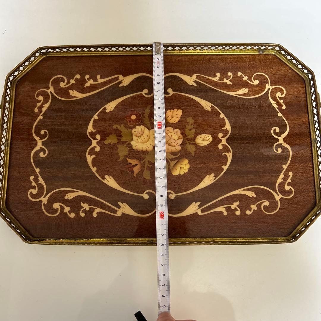イタリア製 Demain 象嵌トレー2枚 象嵌花柄 木製 ゴールド手付