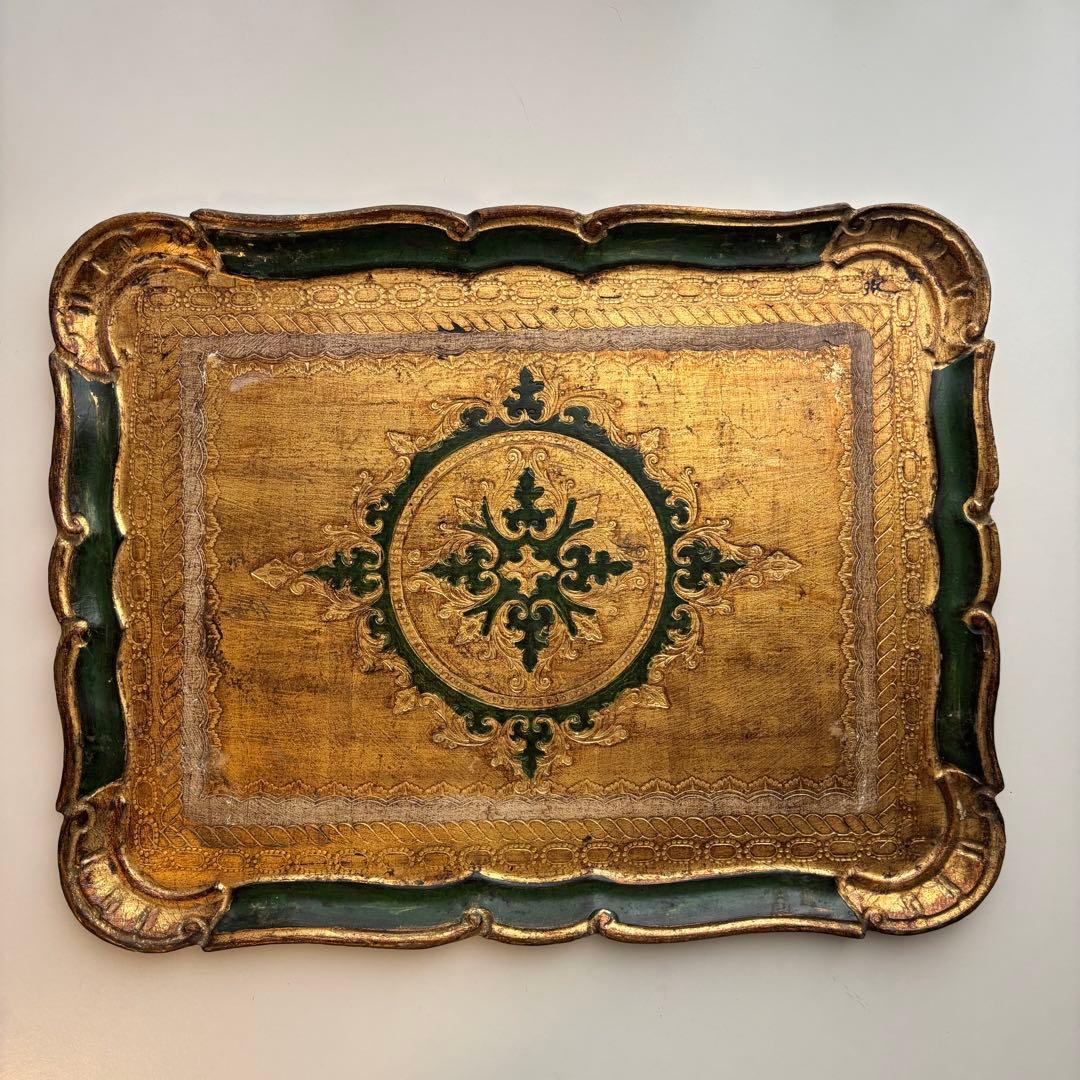 イタリア】ヴィンテージ 木製 トレイ フロレンタイン 金色 深緑 大きめ