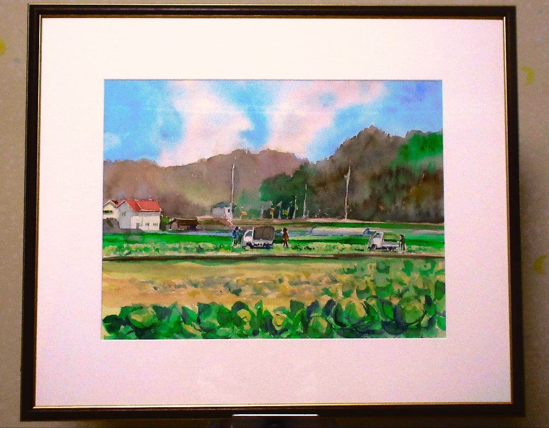 農村風景 水彩画 額装済み F6サイズ 原画