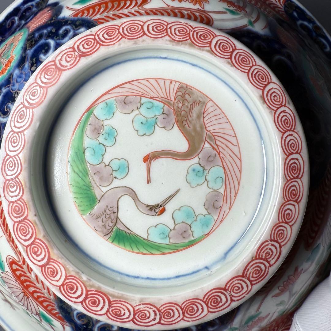 1800年代　江戸期　古伊万里　染錦鶴文様蓋付鉢　大聖寺伊万里　七宝文