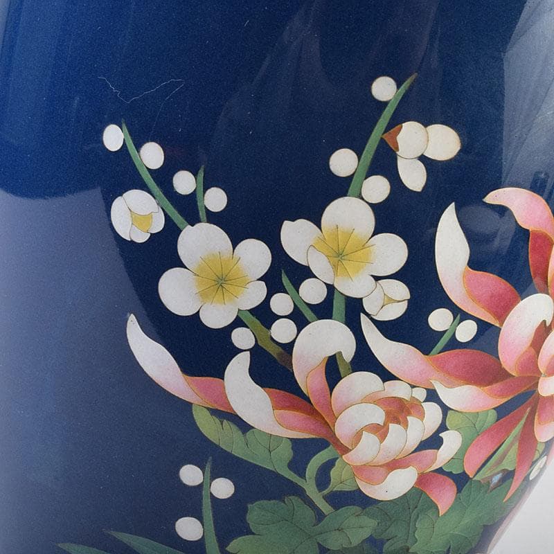 七宝焼　紺釉　四君子文　花瓶　共箱　F　R9167