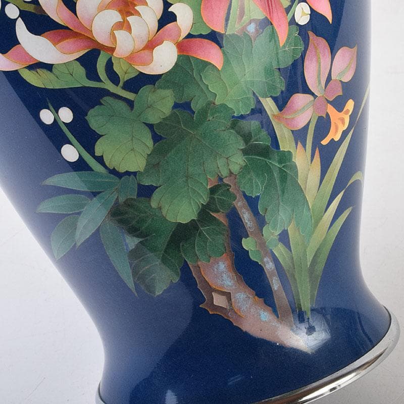 七宝焼 紺釉 四君子文 花瓶 共箱 F R9167