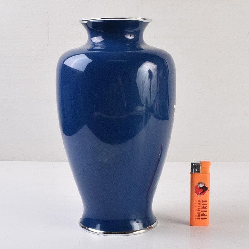 七宝焼　紺釉　四君子文　花瓶　共箱　F　R9167