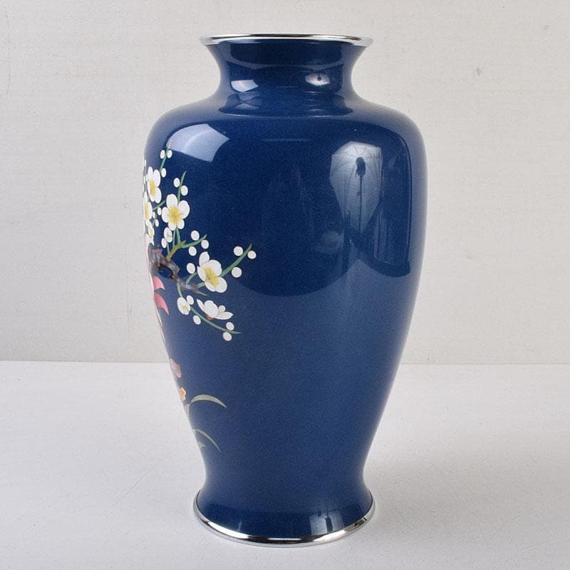 七宝焼 紺釉 四君子文 花瓶 共箱 F R9167