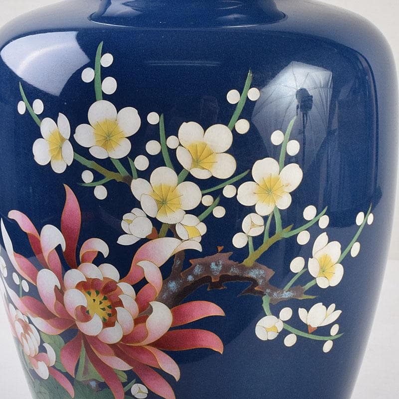 七宝焼 紺釉 四君子文 花瓶 共箱 F R9167