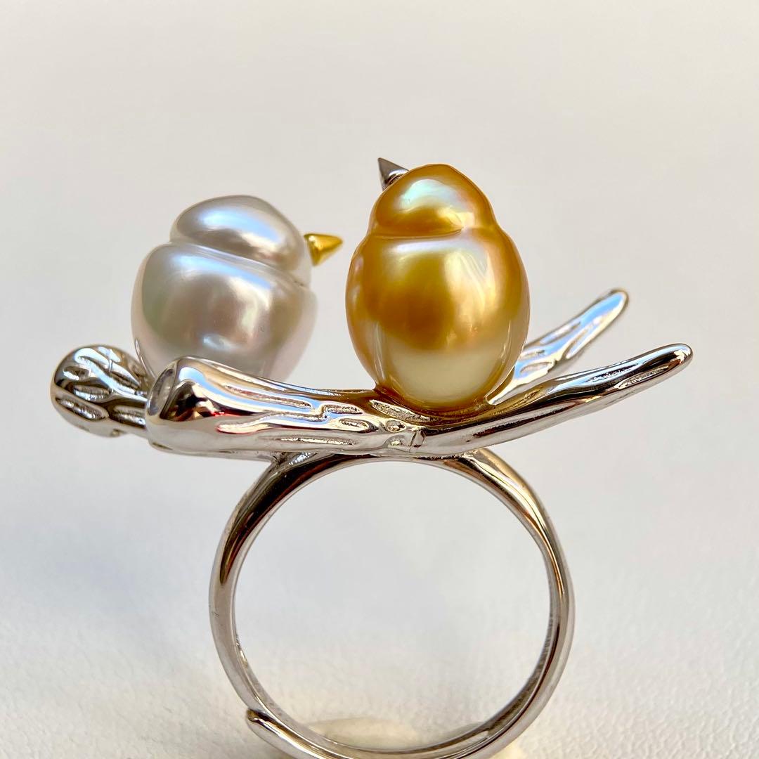本真珠南洋白蝶真珠　茶金とホワイト「鳥と枝」s925リングY1027