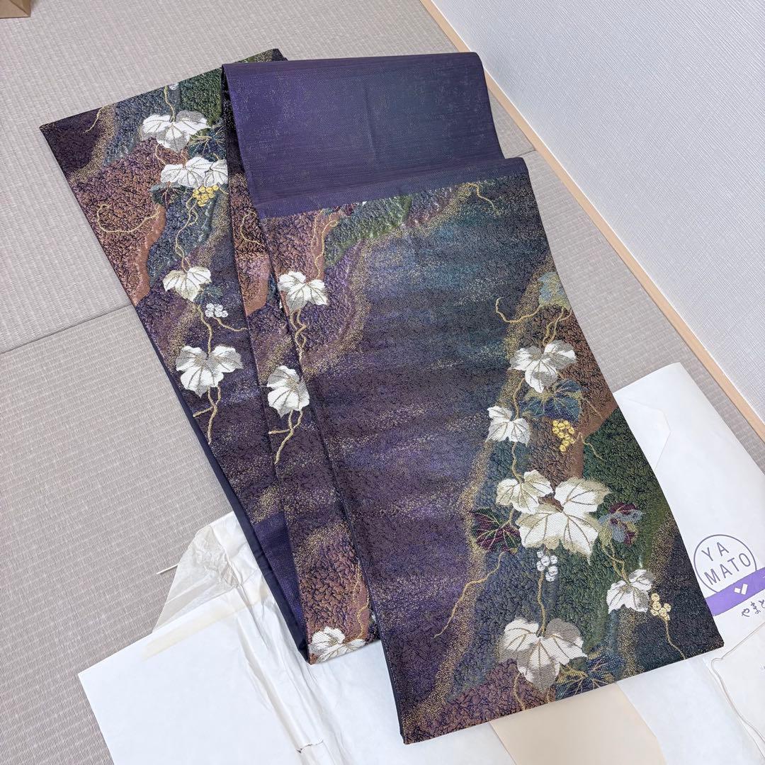 正絹 袋帯 葡萄唐草文様 紫系 金糸 六通柄 フォーマル 礼装 31.8cm