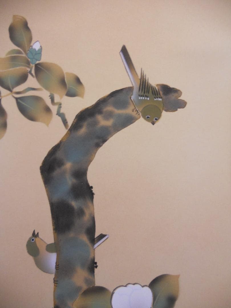 掛け軸 永縄雅光 椿に鶯 絹本 希少 軸装 茶道具 掛軸 美品 です。