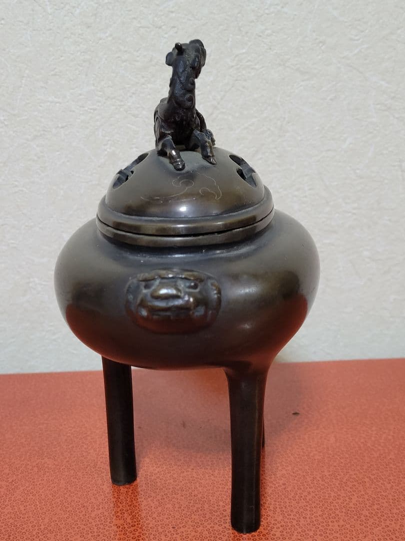 明治期 極上 宣徳銅製 麒麟摘蓋金銀象嵌鳳凰図 三足高足 香炉煎茶道具
