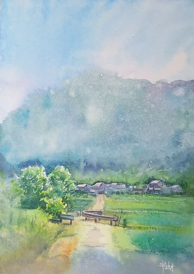 癒しの水彩画 1035 ガードレール