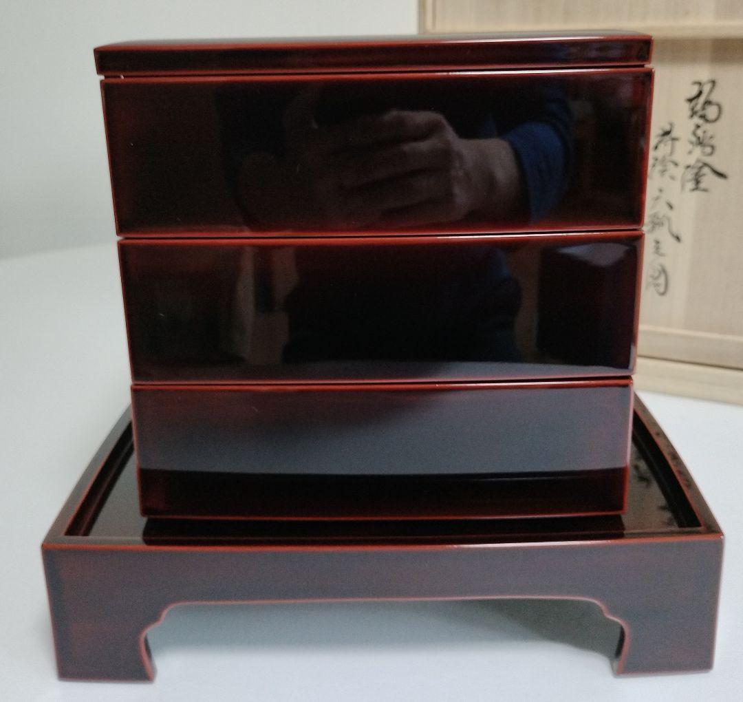 輪島塗 蒔絵六瓢の図 胴張三段重 重台付き 作家もの