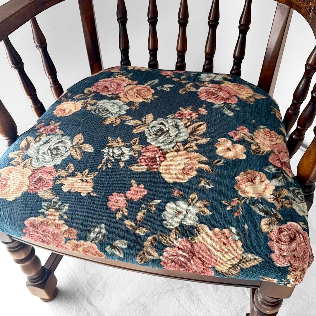 オールドカリモク コロニアル 花柄 ベロア ラタン アームチェア