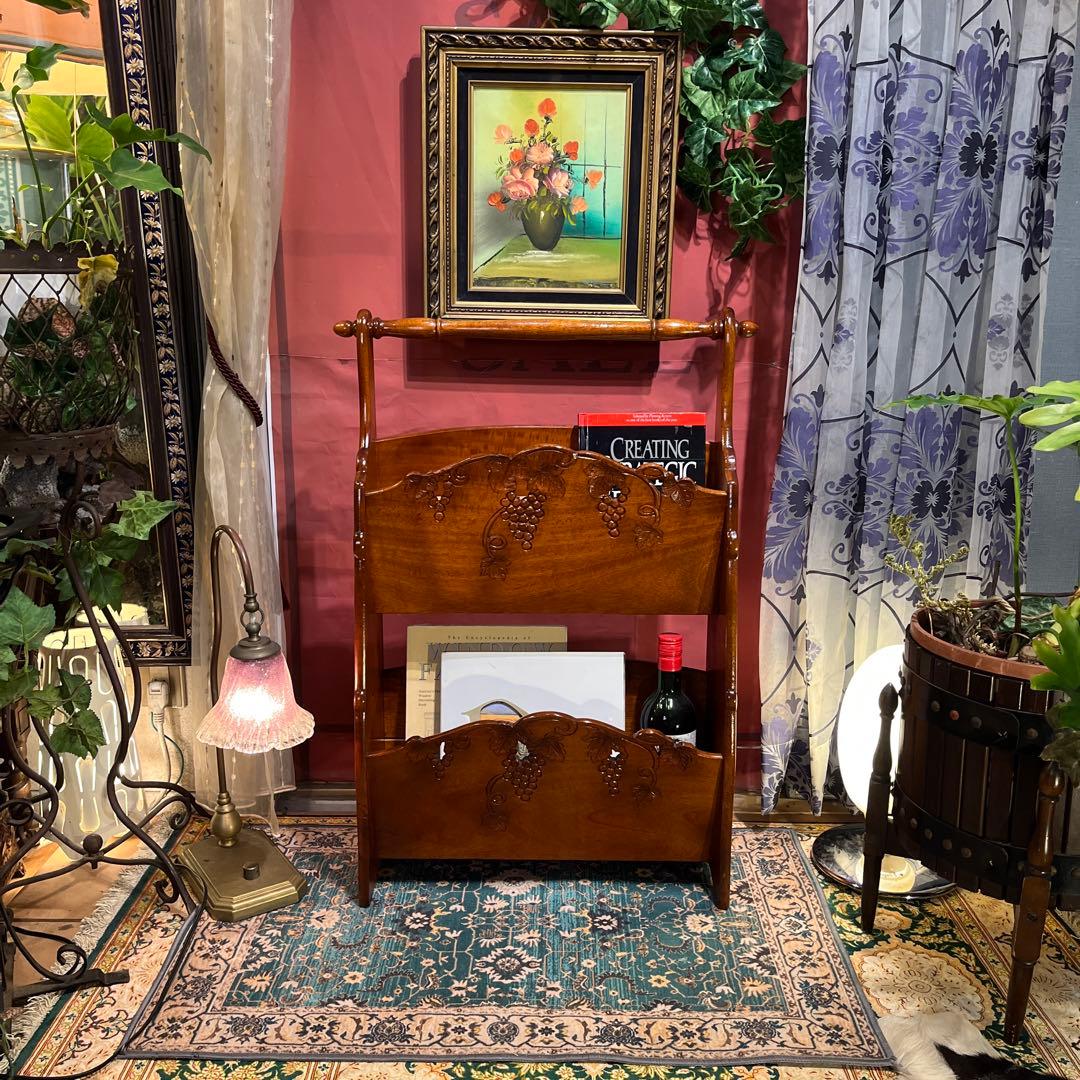 希少 アンティークPT 吉川 葡萄園 カービング 2段ラック 棚