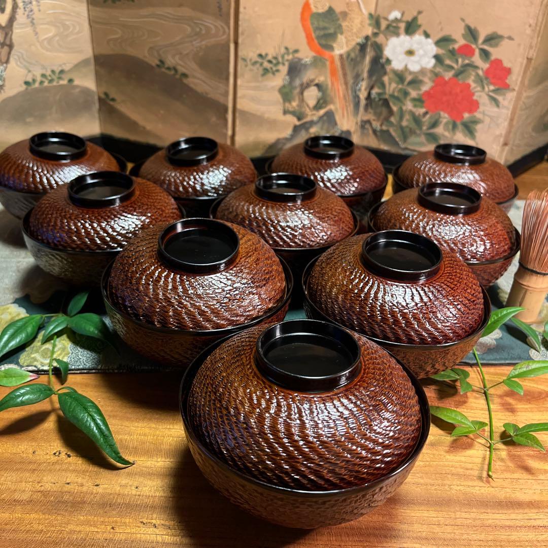 A1029 木製輪島塗　富士月　闇蒔絵　流水に亀蒔絵　吸い物庵5客