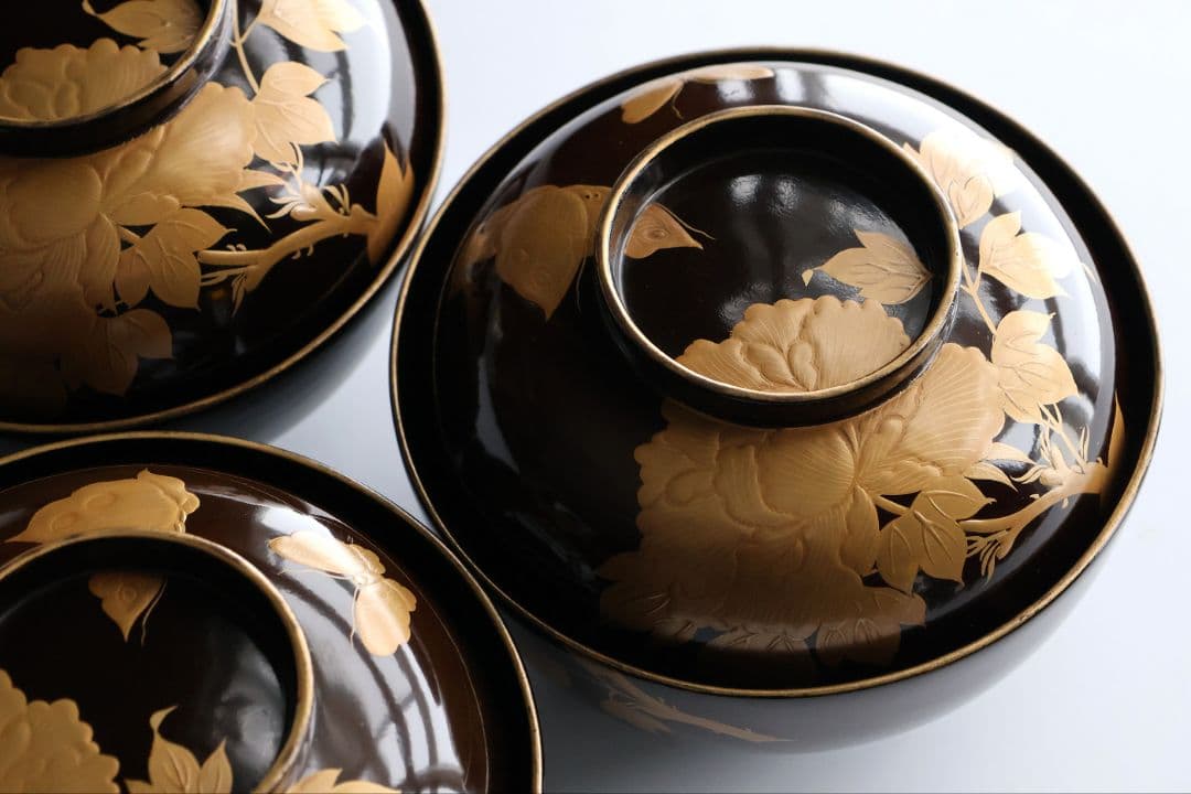 CM415】訳あり 時代輪島 蝶と牡丹 黒塗椀 三客 天然木漆塗 明治大正