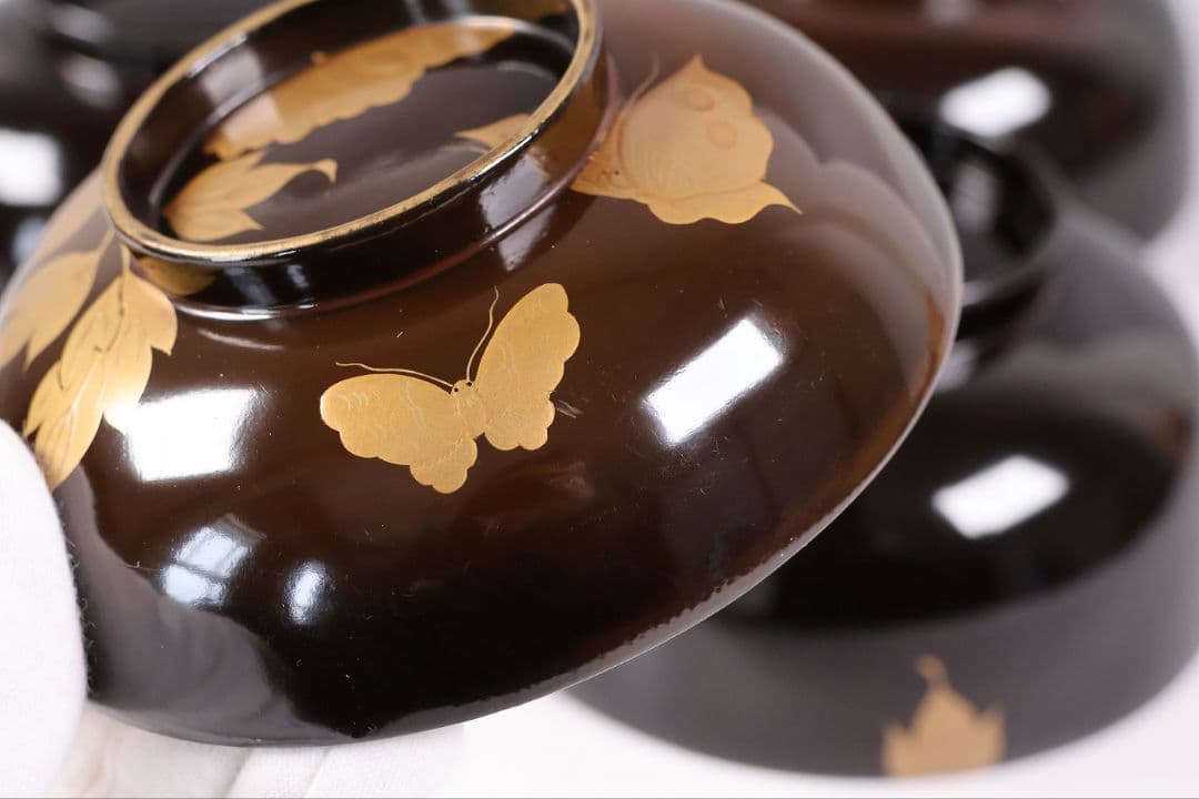 CM415】訳あり 時代輪島 蝶と牡丹 黒塗椀 三客 天然木漆塗 明治大正