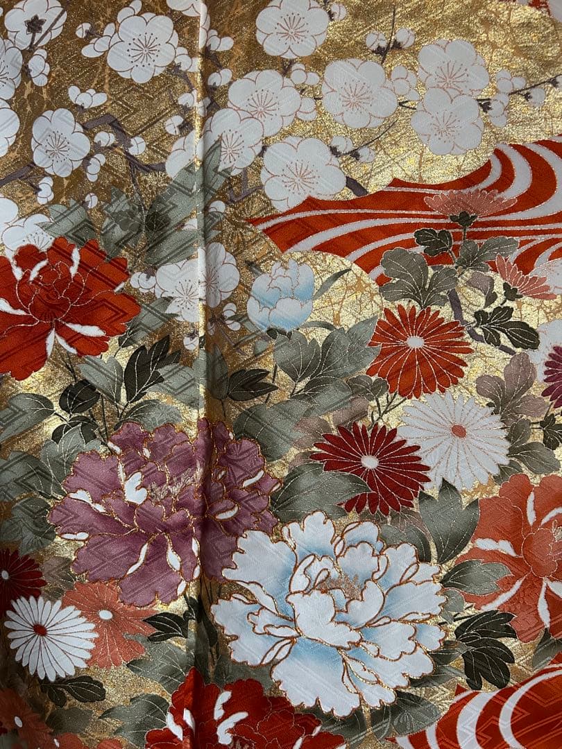 振袖 オレンジ 波模様 花柄 金