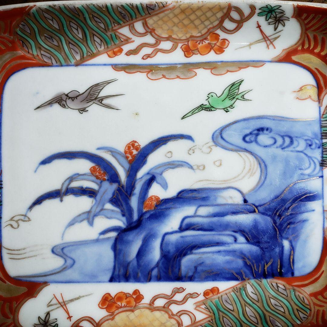 角皿 変形皿 色絵付 金彩 鳥 燕 鷺 波 自然風景 おもと 植物 古