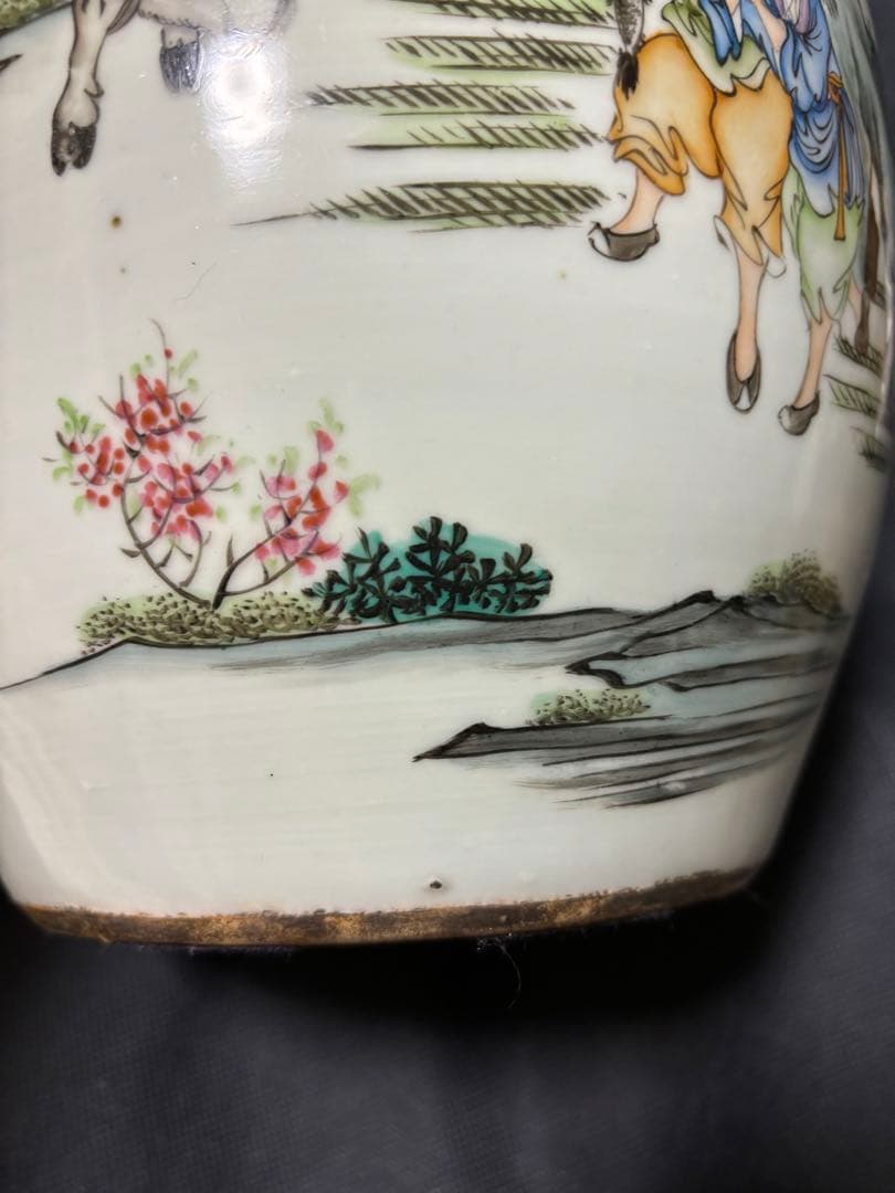 中国古美術 清末民国時代 色絵 粉彩壺 漁樵耕読 周佐興