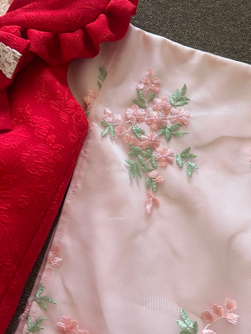 七五三用衣装と靴 ピンクでお花柄刺繍キャサリンコテージ　100センチ　つけ毛付き