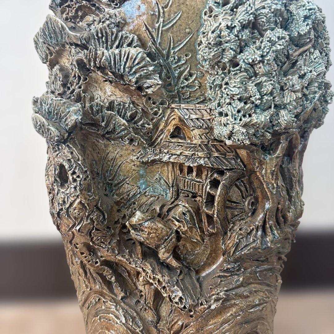 中国美術　彫刻 陶器製　置物　中国古玩美術 花瓶 山水画 焼き物 高さ49センチ
