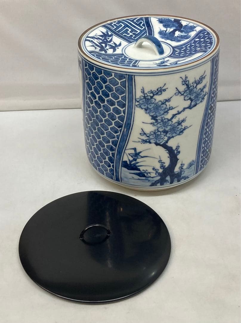 B223 染付松竹梅捻子文水指 平安白鳳作 塗蓋付 茶道具