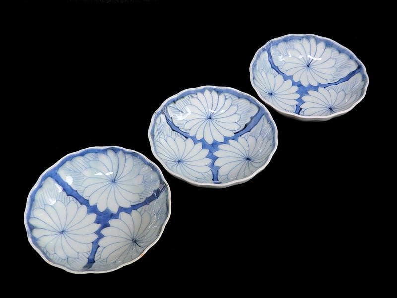 古伊万里 染付 割絵 菊の図 膾皿 3客 D760AS-BVk 古