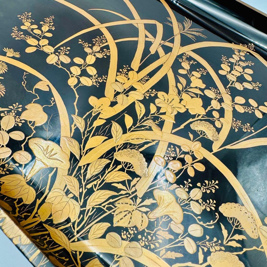 【長野横笛　黒箪花蒔絵香盆　膳　卓】漆芸　木箱　伝統工芸　明治　京漆器　秋草