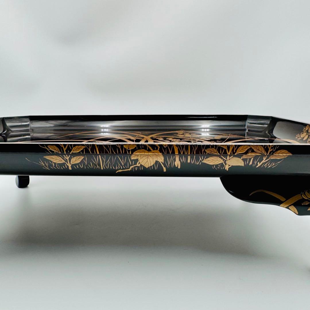 長野横笛 黒箪花蒔絵香盆 膳 卓】漆芸 木箱 伝統工芸 明治 京漆器 秋草