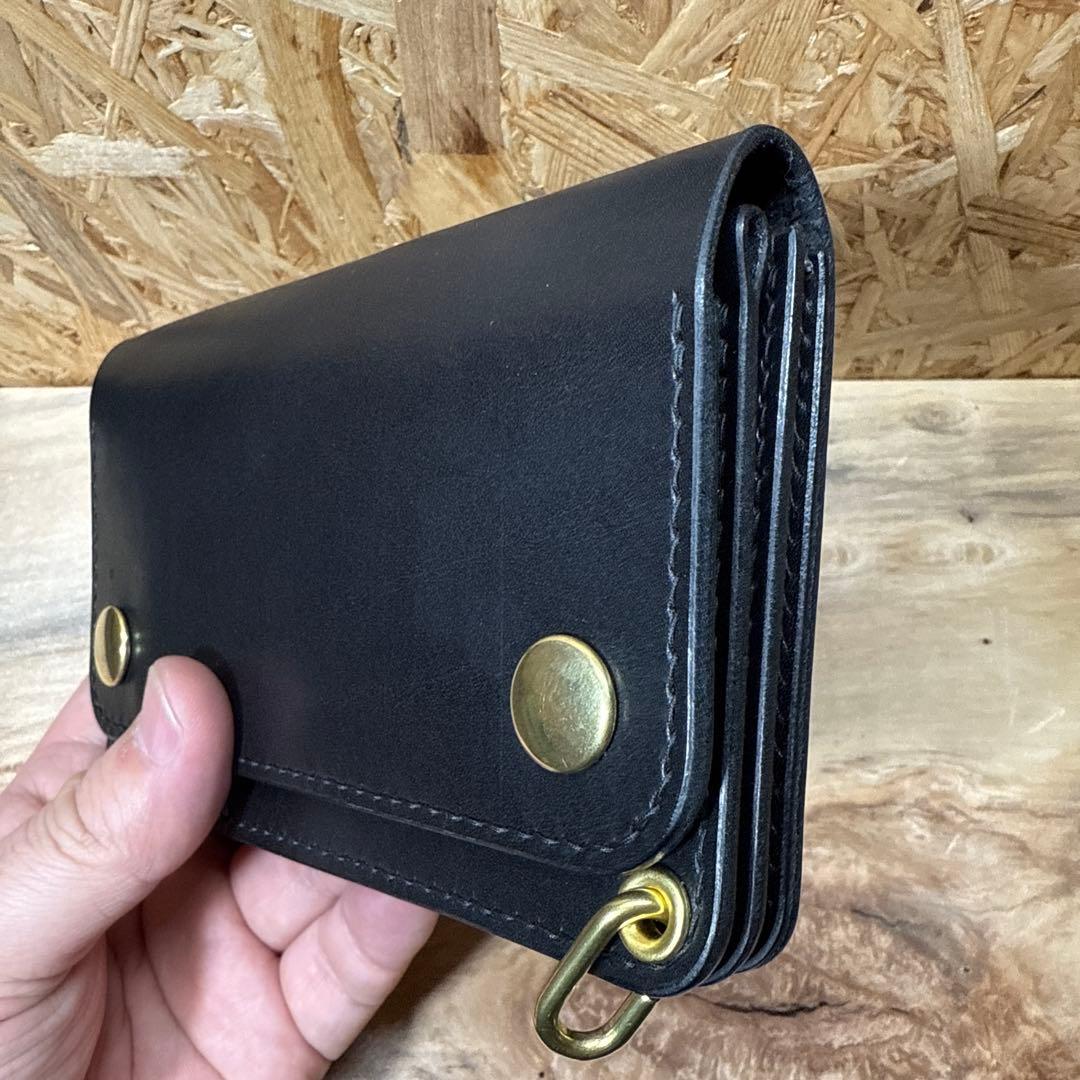 150 カスタム ミドル トラッカーウォレット 姫路レザー オイルヌメ 真鍮 黒