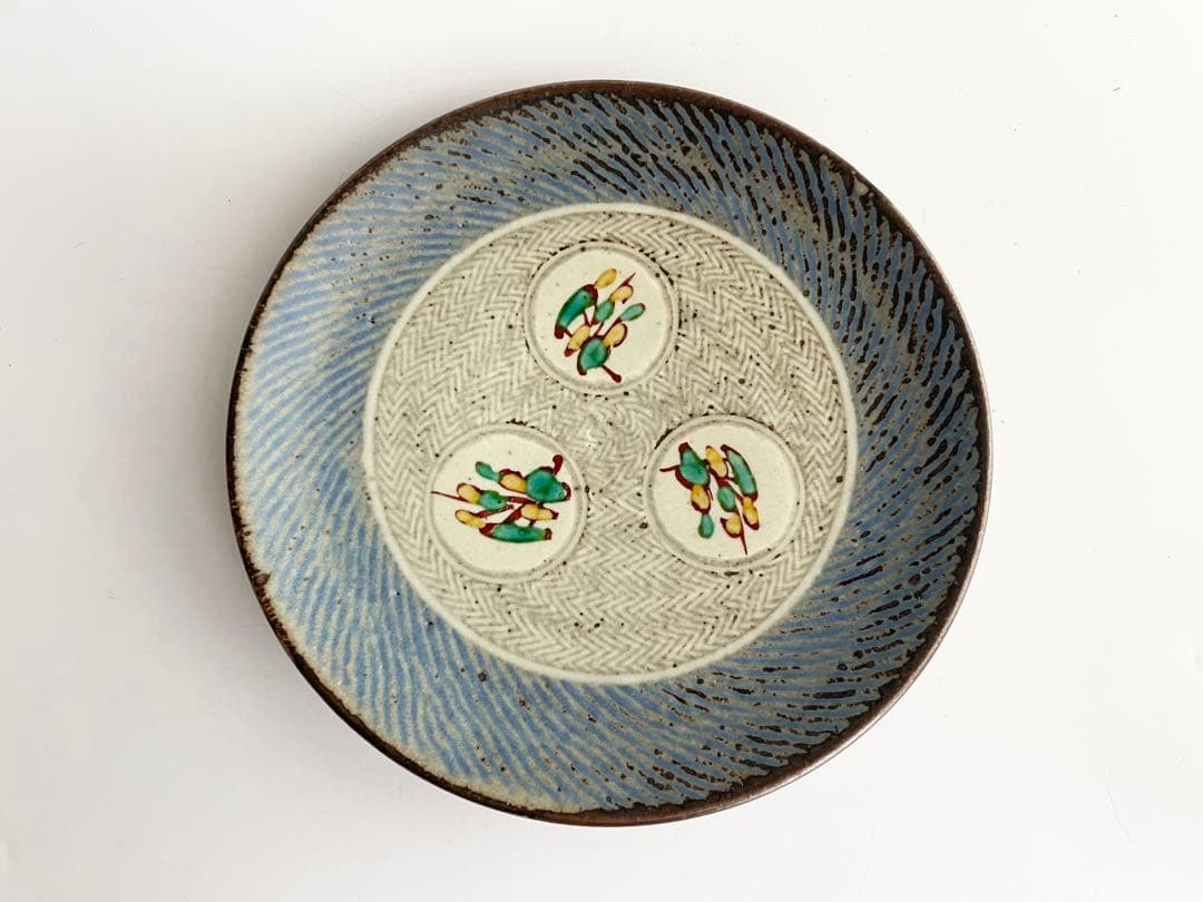 陶芸家 人間国宝 島岡達三 象嵌赤絵 草花文皿 大皿 共箱 陶芸家