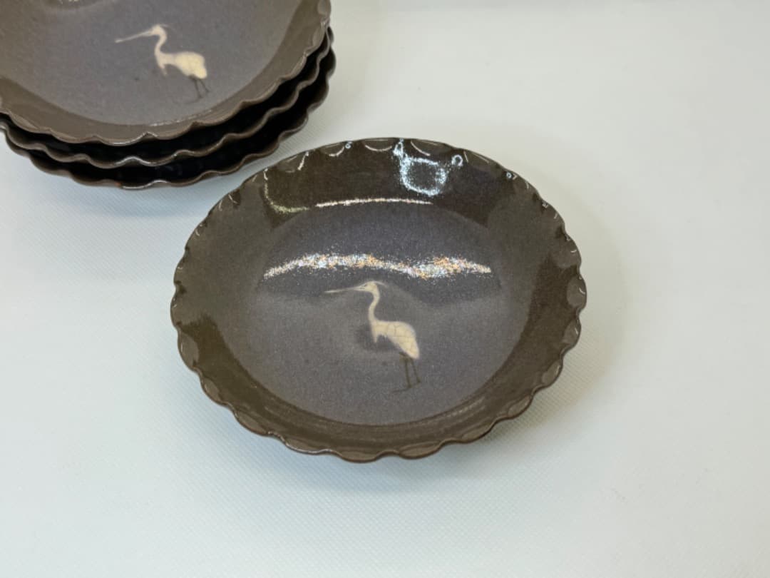 白鷺サギ絵皿(現川焼) 4客 現川焼臥牛窯 無形文化財指定