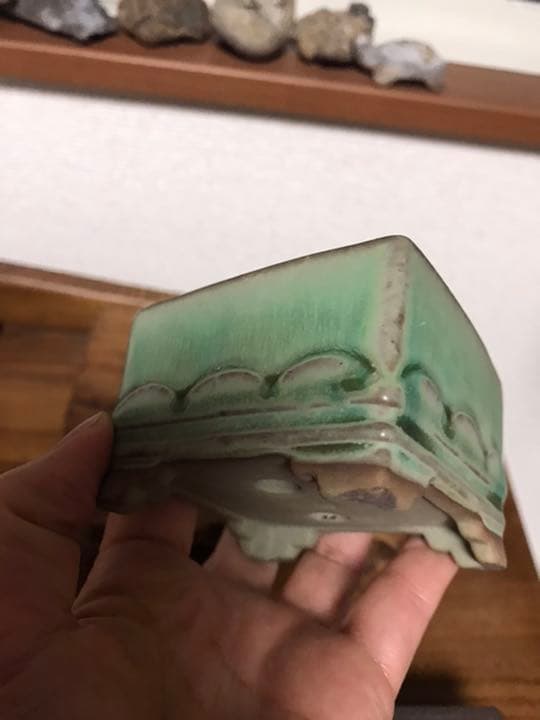 盆栽鉢 超美品時代陶翠緑釉正方雲足ミニ盆栽鉢 盆栽鉢 超美品時代陶