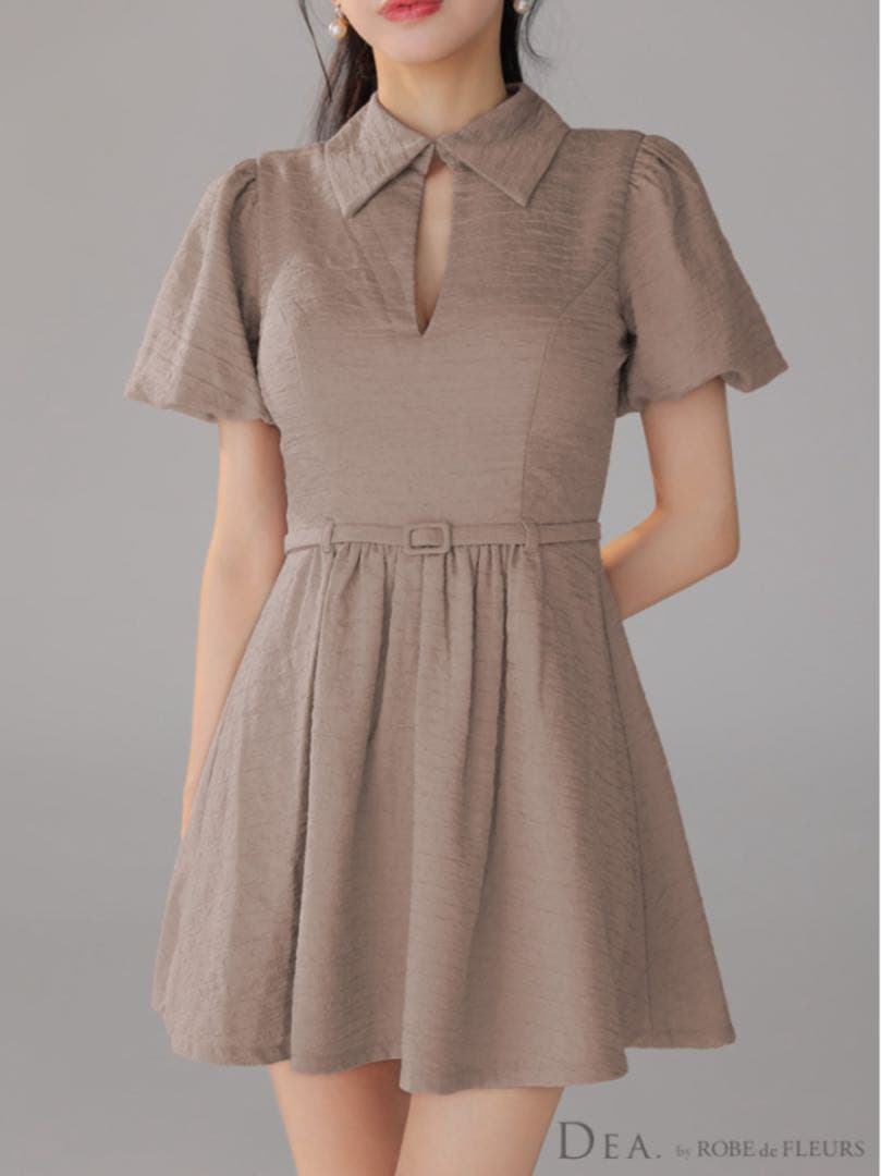 ワッフル素材クラシカル襟付きフレアミニキャバドレス