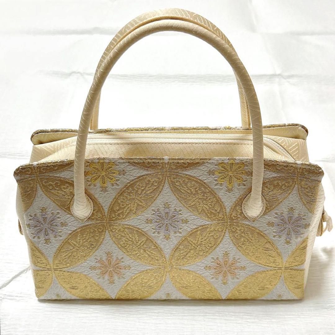 利休バッグ　七宝　正絹　金糸　アイボリー　クリーム系　美品