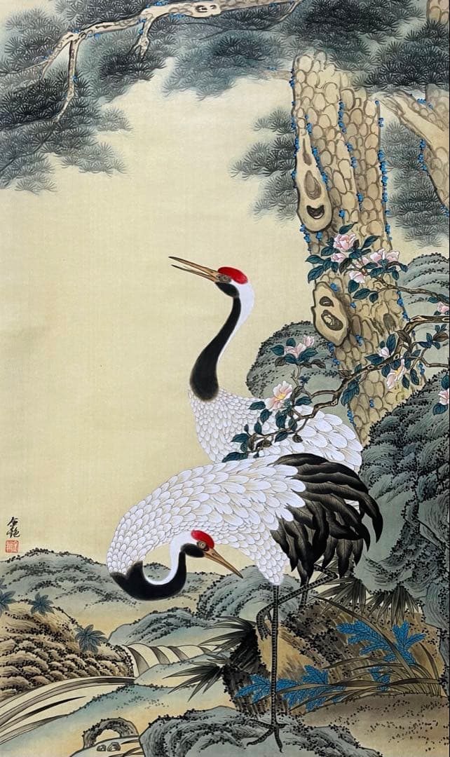 絹本 肉筆掛け軸花鳥画 細筆画 鶴と松 美術品 和室 茶室 吉祥 長寿