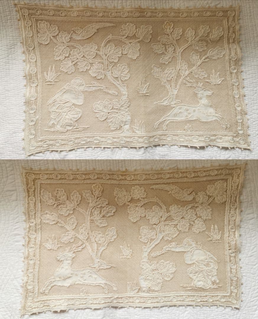 アンティークイタリア ブラットレース刺繍マット 森林の女神と鹿 狩り