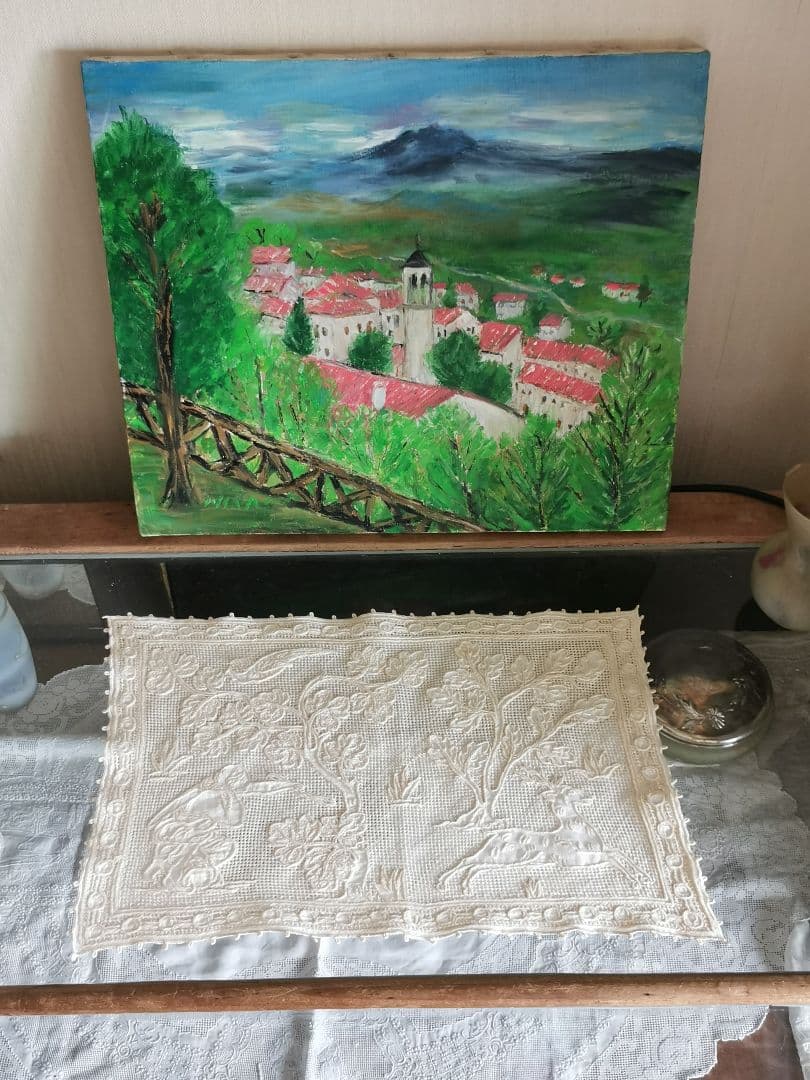 アンティークイタリア ブラットレース刺繍マット 神話の人物と男鹿と鳥