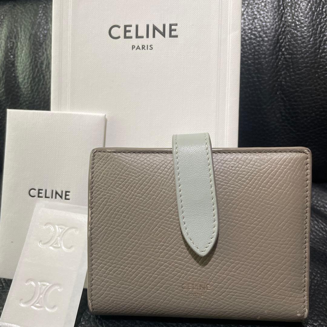 セリーヌ 折り財布 スモールストラップウォレット グレー ライトブルー