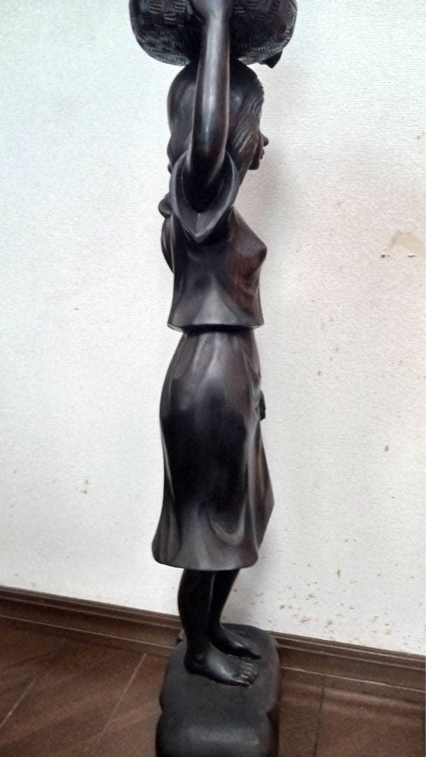 木彫り 女性像 94cm 黒檀 置物 バリ島 美人像 アンティーク 彫刻 工芸