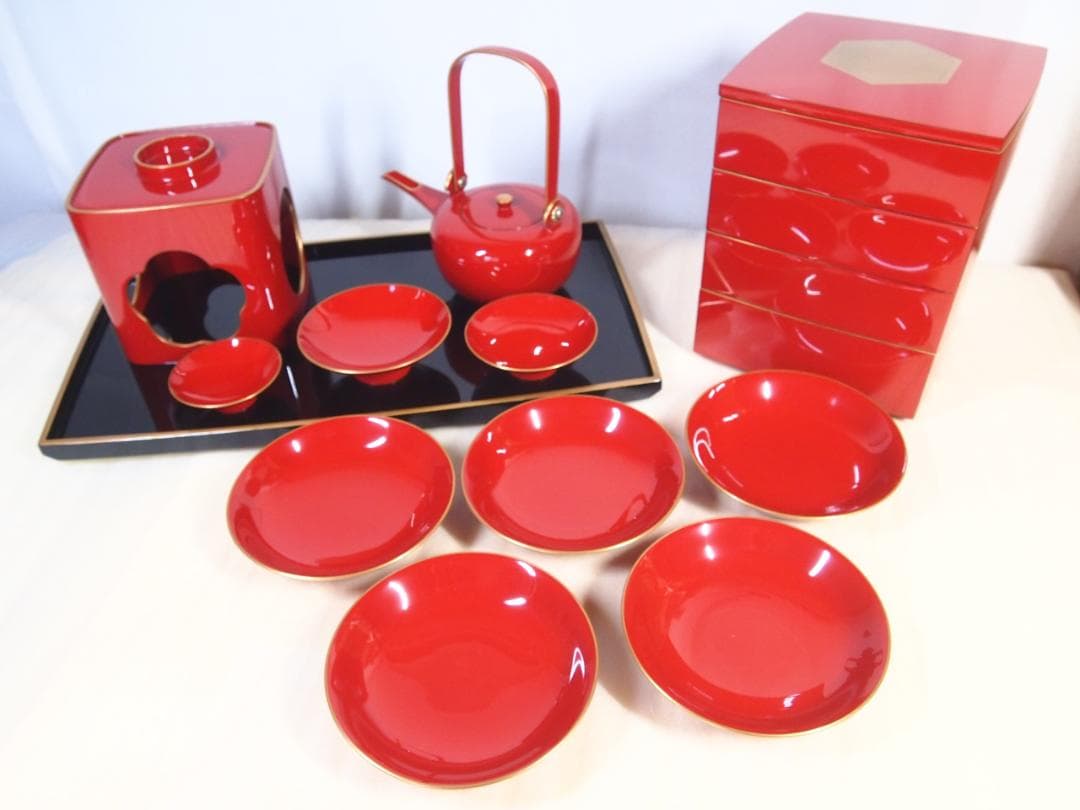 極美品】輪島塗 わじま慶塚 朱塗金縁 屠蘇器 五つ揃/銘々皿