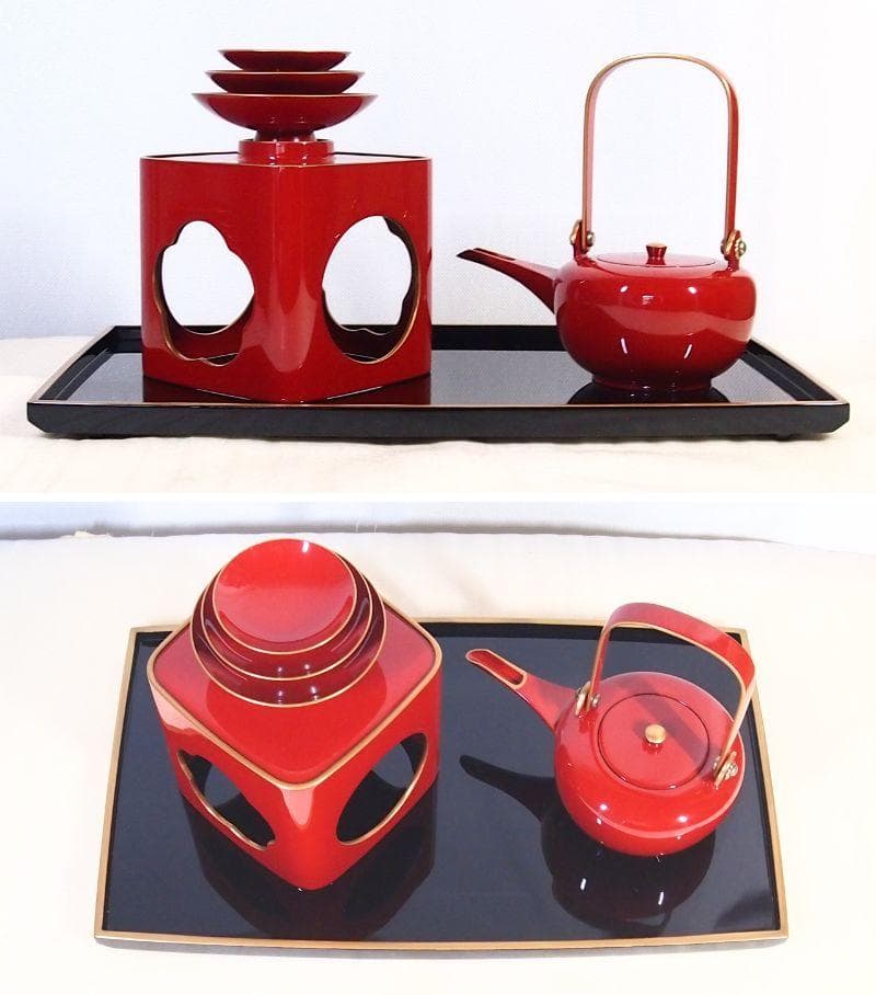 【極美品】輪島塗 わじま慶塚 朱塗金縁 屠蘇器 五つ揃/銘々皿/四段重箱 漆器