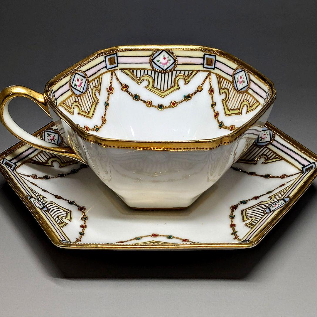 オールドノリタケ・金盛上陽刻薔薇柄 ガーランド装飾 ヘキサゴン