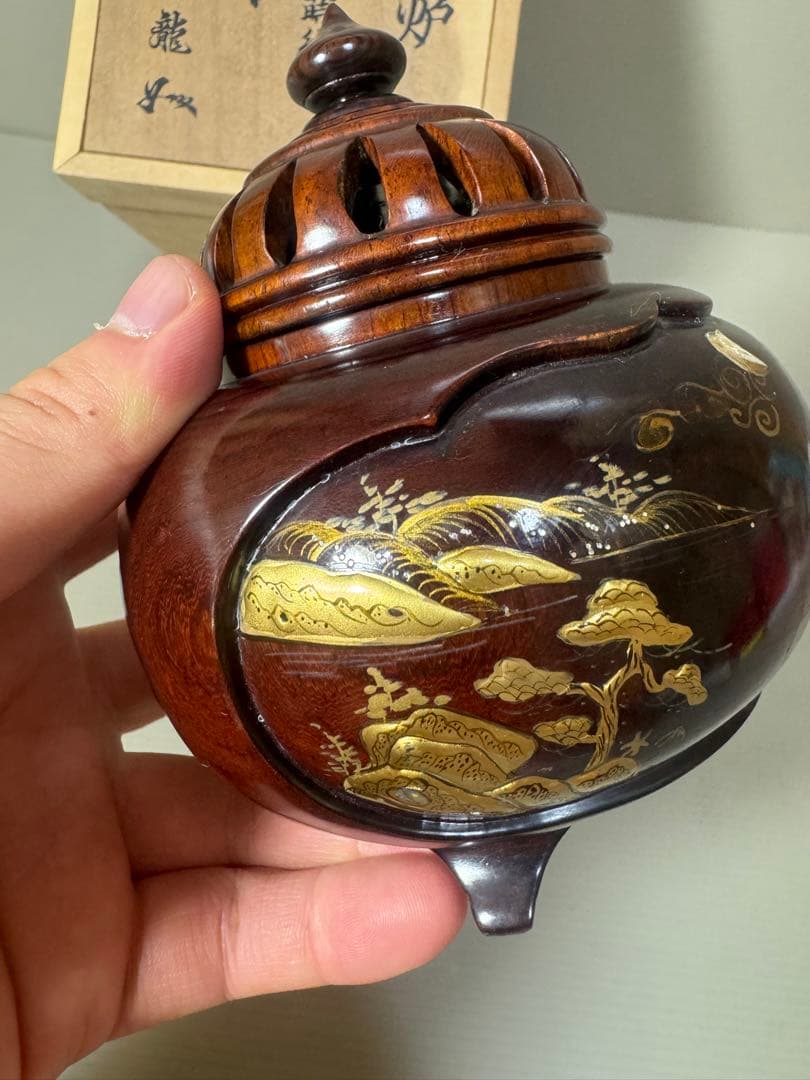 2164 雲龍作 本紫壇 金蒔絵 鳳凰 山水之図 香炉