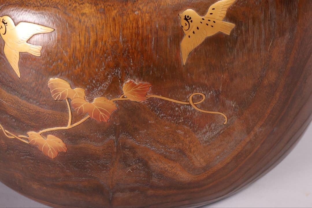 尺参 桐火鉢 金蒔絵 螺鈿細工 幅37.8cm 尺3 蔦 鳥 草【