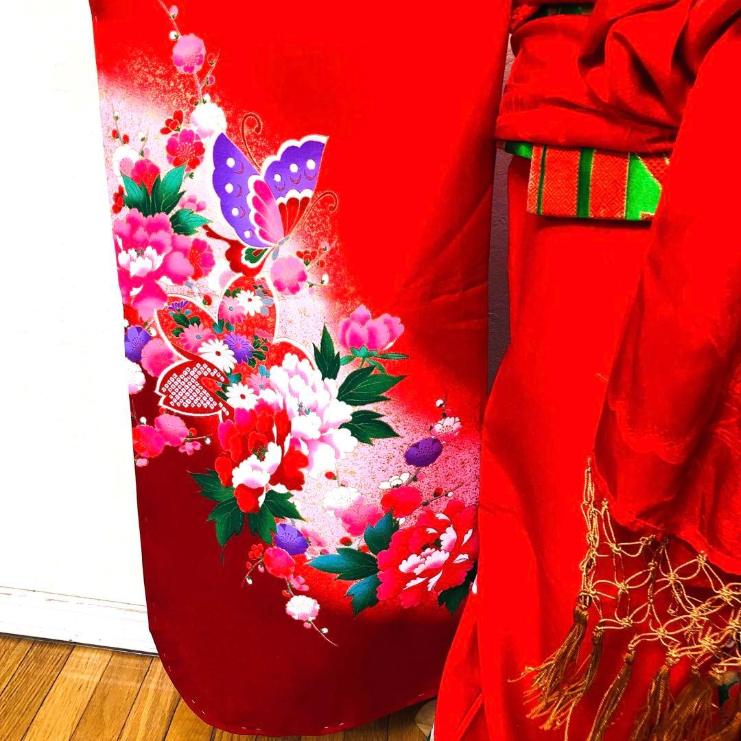 七五三七歳❣️新品着物✨赤地手毬蝶々花金彩⭐︎作り帯楽々⭐︎完全フルセット銘品